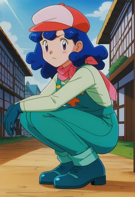 PMYasL, blue hair, medium hair, purple eyes, red hat, pink scarf, light green shirt, blue gloves, green overalls, long sleeves, green pants, blue shoes,