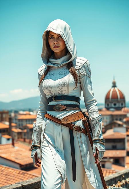 A slender woman dressed in a detailed white Assassin’s Creed-style outfit, featuring a hood, a fitted tunic with intricate embroidery, leather belts, and hidden blades. The outfit blends sleek armor with elegant design elements, accentuating her agility and grace. She stands on a rooftop overlooking Florence, Italy, with its iconic Renaissance architecture, including terracotta rooftops and the majestic Florence Cathedral dome visible in the background. The sky is a perfect, clear blue, with soft sunlight illuminating the scene. The woman exudes a sense of stealth and determination, poised as if ready to leap or observe her surroundings with keen precision.