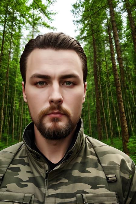 8k, realistic, vray, HDR, 6000K, best quality, portrait photo of beautiful   <hypernet:roman_kudryavskiy:0.8>  russian man, Camouflage jacket,  russian dark forest, outdoors, looking at viewer, perfect face, perfect eyes, sharp focus