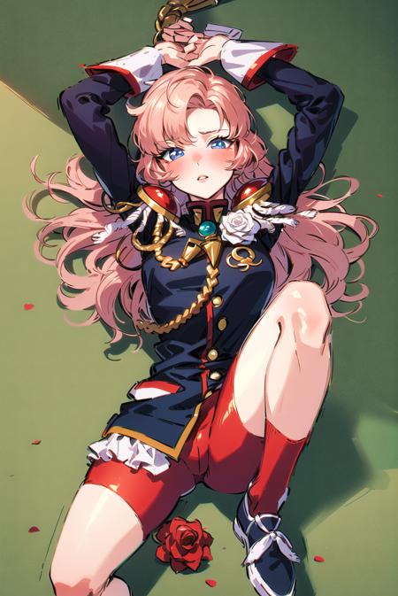 ((masterpiece,best quality, detailed)), 1girl, arm up, blush, looking at viewer, lying, on back, parted lips,
 <lora:TenjouUtenaV1-000003:0.75>, tenjou utena, epaulettes, aiguillette, black jacket, red shorts, red socks, white rose, shoes