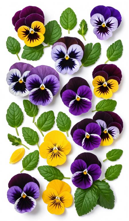 Viola pansy flower banner. Colorful spring flowers and leaves collection isolated on white background. Creative layout. Floral design element. Springtime and easter concept. Top view, flat lay