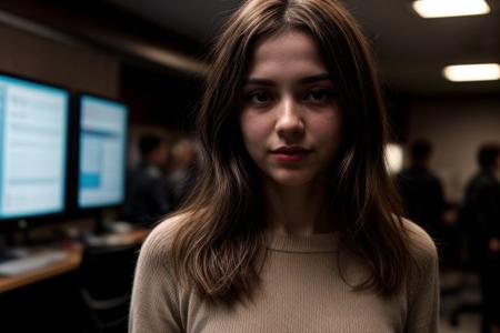 A pretty north European young woman, solo, happy, supermodel, light brown hair, long wavy hair, pale skin, slim eyebrows, perfect face, small nose, blue big eyes, small rose lips, big tits, nice breasts, cleavage, blue dress, holding a large screen smartphone in hand, looking at smartphone screen. Hacker workplace background, some computers, some server racks, strange technology devices, epiCPhoto, <lora:pytorch_lora_weights:0.5>, <lora:picxer_real:0.7>, <lora:FilmVelvia3:0.3>, <lora:more_details:0.6>