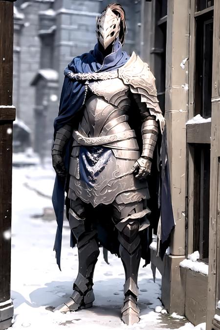 knight, standing, helm, ponytail, , cloak, <lora:Artorias:0.8>, snow,