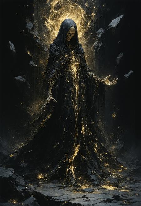 An alluring necromancer commands a soul-rending ritual in a cathedral of shattered obsidian, low-angle perspective amplifying her towering presence amid floating bone shards. Gold-and-black Art Nouveau filigree robes cling to her form, skin etched with luminous, vein-like cracks pulsing necrotic energy. Influenced by Brom’s dark fantasy dynamism and Klimt’s gilded opulence: spectral amber backlighting carves jagged shadows, casting her as both deity and destroyer. Swirling void-smoke merges with glowing crimson runes above her palms. Molten gold bleeds into cracks beneath her feet; a skeletal hand offers a wilted rose at her boots. Hyper-detailed textures: tarnished silver embroidery, iridescent ectoplasmic mist, crackling marble skin. Chiaroscuro intensifies opulent decay.