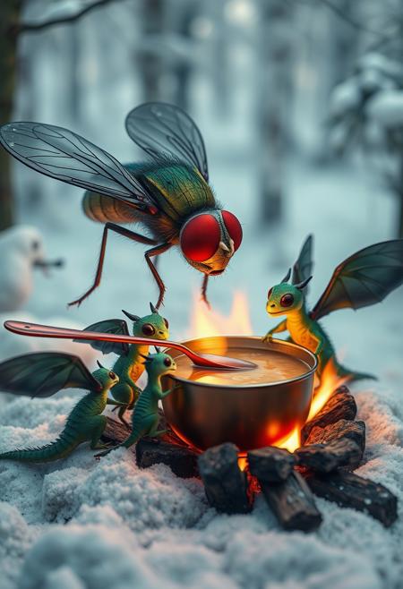 surreal VFX, big domestic fly stirring broth  with a steel red spoon on a campfire, sitting with a group of little green dragons with dark green wings seen under an electron scanning microscope, with details, snow, winter forest, vivid colors
