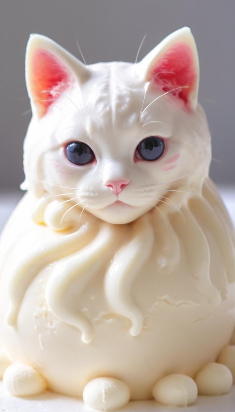 A white cat figurine with blue eyes and pink whiskers.