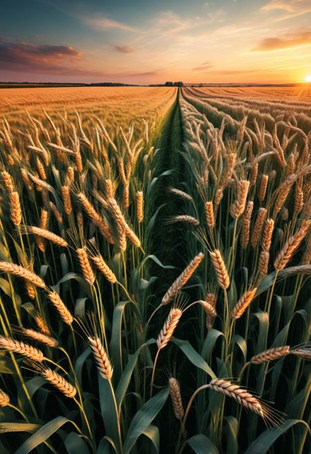 ultra detailed, hyper realistic, realistic photo, ultra high textured, ultra high quality,Realistic 8K photography, realistic, sunset in a field of ears of wheat