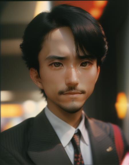 portrait of handsome man yukihiro takahashi <lora:takahashi_v1-08:1>, (8k, best quality, masterpiece:1.2), (realistic, photo-realistic:1.37), ultra-detailed, (high detailed skin:1.2), 8k uhd, soft lighting, high quality, film grain, Fujifilm XT3, professional lighting, photon mapping, radiosity, physically-based rendering photo, perfect face, handsome, detailed face and body, award-winning, detailed face, backlight, ultrarealistic, ray tracing, intense gaze, looking at viewer, cinematic lighting, wearing an oversized suit, 1980s Tokyo street in the background, epic, vivid details, Kodak Ektar 100, C-41 process, MGM Metrocolor, 35mm F1.7 cine lens, film-like, (film grain), film noise <lora:epiNoiseoffset_v1:0.5>