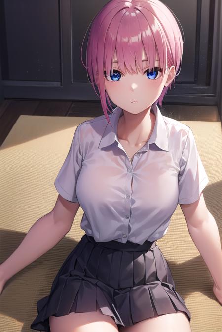 ichikanakano, <lyco:ichikanakano-lyco-nochekaiser:1>, 
ichika nakano, short hair, bangs, blue eyes, hair between eyes, pink hair,
BREAK skirt, shirt, school uniform, white shirt, short sleeves, pleated skirt, shoes, socks, collared shirt, black footwear, sweater, white socks, green skirt, loafers, clothes around waist,
BREAK looking at viewer, 
BREAK indoors, classroom,
BREAK <lyco:GoodHands-beta2:1>, (masterpiece:1.2), best quality, high resolution, unity 8k wallpaper, (illustration:0.8), (beautiful detailed eyes:1.6), extremely detailed face, perfect lighting, extremely detailed CG, (perfect hands, perfect anatomy),