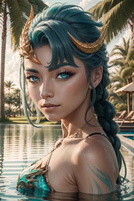 lagoon dragon kai'sa, 1girl, solo, detailed face, looking at viewer, potrait, close-up, water, pool, hotel, (masterpiece:1.2, best quality)