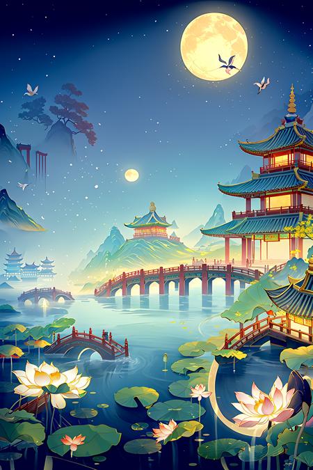 masterpiece,best quality,guochao\(style\), moon, bird, flower, full moon, water, east asian architecture, scenery, architecture, lotus, night, 1girl, lily pad, sky, building <lora:guochao-000006:0.7>,