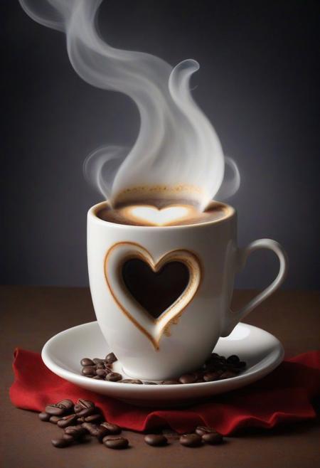 JuggernautNegative, In the realm of warmth and comfort, envision a cup brimming with steaming coffee, emitting aromatic tendrils that curl into the air. This sacred cup of understanding is not just a vessel for hot coffee but a visual poem, as falling hearts dance around it. The scene exudes love in motion, capturing the essence of a moment suspended in time. This beautiful artwork, inspired by Valentine Hugo, invites you to savor the blissful indulgence of a hot cup, whether it's coffee or perhaps even a cup of hot chocolate, in the company of enchanting emotions. 'd=%<D<*
