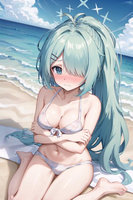 hiyori, 1girl, hair over one eye, (high ponytail, very long hair:1.1), aqua eyes, halo, (alternate hairstyle:1.25), alternate costume
[white bikini:aqua bikini:0.4], [(medium:0.9)|(large:1.1)] breasts, front-tie aqua bikini top, ahoge, antenna hair, cleavage
BREAK (closed mouth, (blush, embarrassed:1.2):1.15), arms under breasts, crossed arms, self hug, (tearing up:0.75)
beach, ocean, day, cloud, water, (wavy mouth:0.7), wariza, sitting. from above
<lora:chara-hiyori-v1c-16:1>