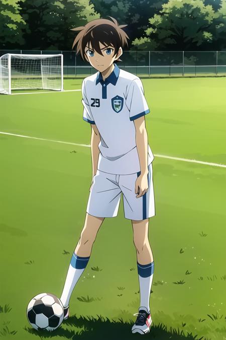 ((masterpiece)),((best quality)),ultra-detailed,illustratio,wallpaper,perfect lighting,Colorful,ultra highres,4K,photography,anime coloring,1boy, soccer ball, ball, closed mouth, sportswear, short hair, black hair, holding, shirt, solo, hair between eyes, bangs, collared shirt, soccer, white shirt, holding ball, brown hair, blue eyes,official style,anime screencap,outdoor,meadow,full body,soccer field, grass, soccer goal,<lora:Kudou Shinichi_:0.7>