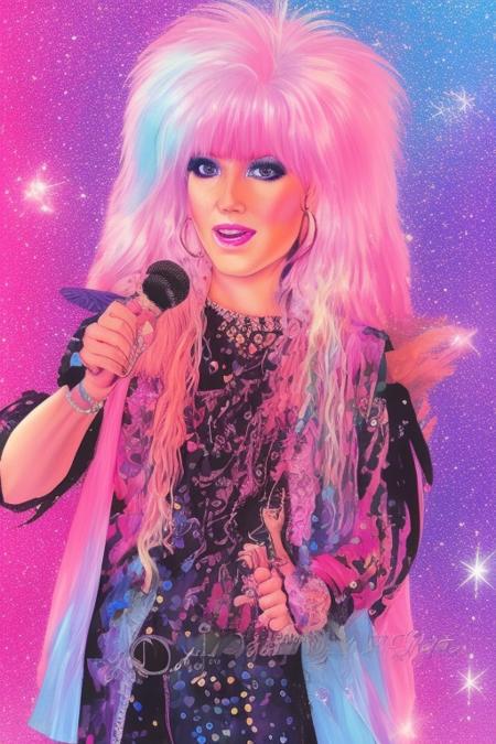 illustration style, Jem and the Holograms, portrait, 1980s, Rock star, 1girl, solo, looking_at_viewer,  microphone, sparkling glitter background, art by artgerm, wlop, ring light,  duskgem