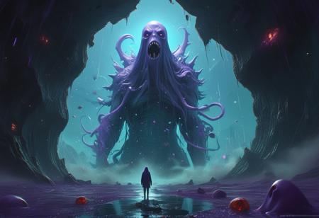 Masterpiece, best quality, good quality, very awa, very aesthetic, absurdres, newest, cinematic scene. adventurous, adventure begins, night time, big monster, purple, speckle, mysterious, eerie, ghouls, spirits, ghosts, purple mystery, secluded, red, teal, by Mike Winkelmann, by Sam Yang and Kode Abdo and Wenqing Yan and Pascal Campion, dreamy athmosphere, ethreal background, highly detailed oil painting, hyperdetailed, epic scale, epic composition, post processed 4k, Octane render, trending on artstation, hyper detailed photo-realistic maximum detail, cinematic epic character + rule of thirds, Depth of Field. Adding depth to the composition, High resolution, high detail. Highly detailed. Wide Shot, Cinematic Lighting, <lora:c»ªa¿ cµa½±a§c§:0.8>, <lora:xl_more_art-full_v1:0.3>