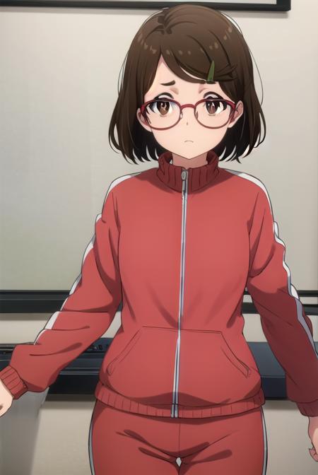 risaaoi, <lora:risa aoi s1-lora-nochekaiser:1>,
risa aoi, short hair, brown hair, hair ornament, (brown eyes:1.5), glasses, hairclip, red-framed eyewear,
BREAK jacket, pants, track jacket, track suit, haori,
BREAK indoors,
BREAK looking at viewer, (cowboy shot:1.5),
BREAK <lyco:GoodHands-beta2:1>, (masterpiece:1.2), best quality, high resolution, unity 8k wallpaper, (illustration:0.8), (beautiful detailed eyes:1.6), extremely detailed face, perfect lighting, extremely detailed CG, (perfect hands, perfect anatomy),