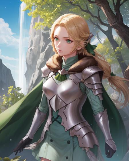 masterpiece, best quality, ingrid_timeskip, armor, fur trim, green cape, greaves, hair ribbons, green gloves, blue sky, looking at the sky, waterfall