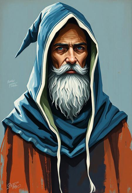 Hooded wizard, blue hood, white trim, rendered with bold, expressive smudges and unfinished strokes, art nouveau, painterly