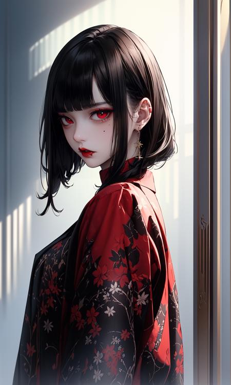 masterpiece, best quality, 32k, insane details, intricate details,
1girl, fashion photography, in style of angura keihime - cut, straight hairin a minimalist Misasakan roomsweaterred sweatershort hairstripedblunt bangs
A mature facesideways glance, (cold attitude,eyeshadow,eyeliner:1.1),(red lips:1.5), (Mole under eye:1.3),hand in pocketflower
<lora:~Q?-QlN;Rhime cut:0.8>