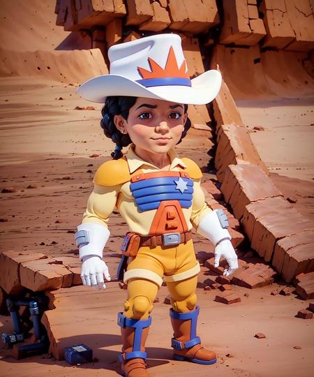 (masterpiece),(best quality),(ultra-detailed), (full body:1.2), (chibi:1.2), smile,(beautiful detailed face), (beautiful detailed eyes), (Simple and clean style_1.5),
1boy, solo, smile, bravestarr, hat, cowboy hat, black hair, gloves, male focus, white gloves, blue boots,  dark skin, dark-skinned male,  (toned body:1.1), full body, in the desert ,
 <lora:Bravestarr_1987:0.8> <lora:blindbox_V1Mix:1>