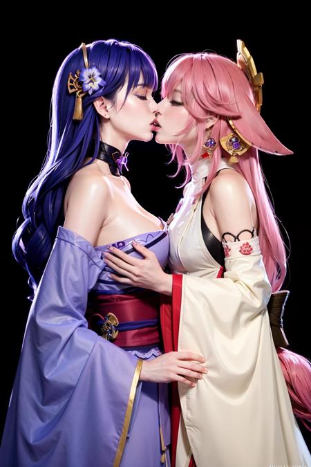 masterpiece, best quality,raiden shogun, multiple girls, 2girls, yae miko, pink hair, kiss, yuri, purple hair, japanese clothes, breasts, hickey, long hair, closed eyes, french kiss, blush, animal ears, large breasts, hair ornament, bite mark, cleavage,fox ears, detached sleeves, kimono, injury,