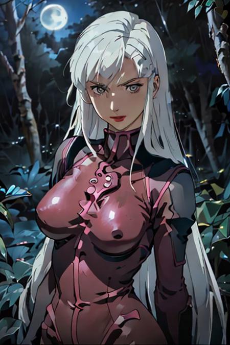 4K, highly detailed,masterpiece, high quality  ,Nora , 25 years old, White hair and dark eyes, deep red lipstick , and she wearing bodysuit that cover her body exclude head, upper body, BODYSUIT, Jungle, moonlight passing through hair, Smirk face