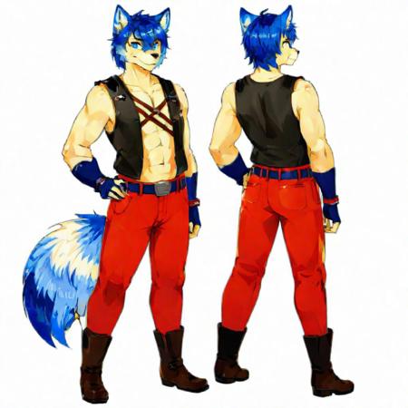 solo, blue eyes, gloves, 1boy, animal ears, blue hair, tail, full body, male focus, boots, belt, fingerless gloves, vest, hand on hip, wolf face, fox ears, muscular, fox tail, transparent background, abs, furry, furry male, cowboy cloths, character sheet