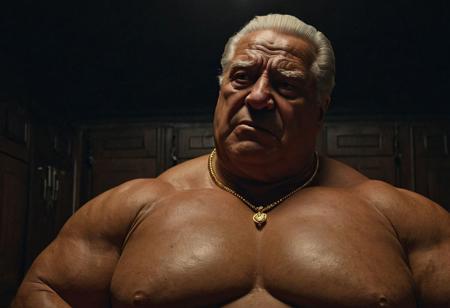 (photo, realistic, raw), (nighttime, at night, dark, dark hard shadows, cinematic atmosphere, movie grain, hazey atmosphere), closeup from below, (brute, etherial, spiritual, emperor, king, god), old burly buff gentleman, old manly mature man, combed back hair,  doublechin, old tanned grandpa, wrinkly neck, proud big chest, thick neck, armpits, tanned skin, tight golden spandex, gold jewellery, gold necklace, in a dark locker room at night, nighttime, arrogant disgusted disappointed smile, intimite situation, romantic atmosphere, stern, serious, angry, sad expression,