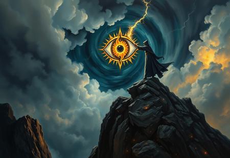 A dark fantasy illustration portraying a robed sorcerer standing atop a craggy cliff, summoning a massive, glowing eye symbol in the storm-filled sky above. The scene is rendered in intricate detail, with swirling clouds, crackling lightning, and a dramatic interplay of light and shadow adding to the awe-inspiring intensity.
( oil painting art style, monet style, monet style, painting, palette knives painting, impasto painting, canvas texture, (( Oil painting effect )), oil painting brush, oil painting style, brush stroke, monet style, oil painting detailers ), canvas, brush, palette, pigment, oil, varnish, texture, impasto, glazing, underpainting, still life, Renaissance, Baroque, Impressionism, modern art, contemporary art, fine art, visual art, and art history., ( simmering, sparkling, splendid, ultra-detailed, 4K, depth of field, high resolution, (( Masterpiece, best quality )), sharp focus, highly detailed, ultra high resolution, perfect fingers, ) ., midjourney style