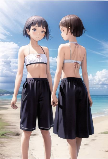 2girls, beach, ocean,  <lora:range_marata:0.7>