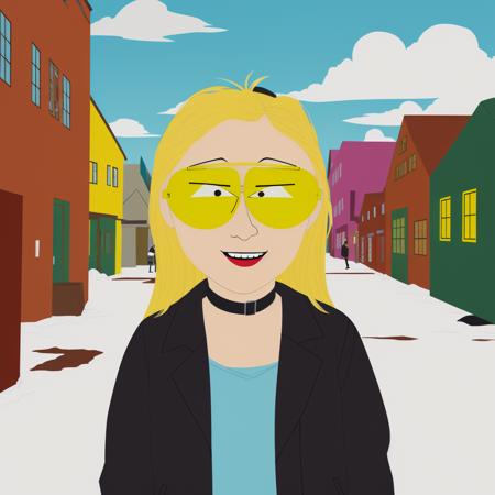 blonde-haired woman, sunglasses, choker, black jacket, blue pants, daytime, in the city, smiling, south park style<lora:South Park Style:0.6>