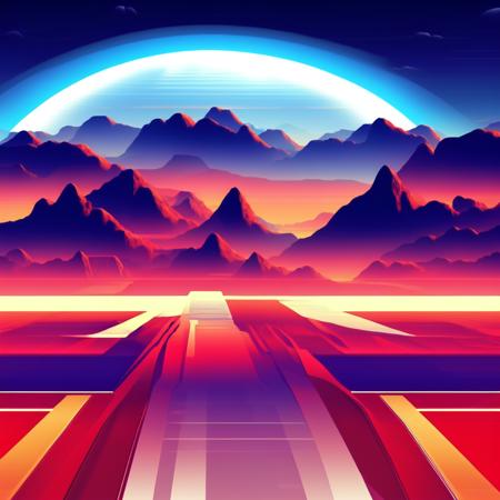 (retrohorizon style:1) an image of a futuristic landscape with mountains in the background <lora:djzRetroHorizonV21_LoraBooth:1>