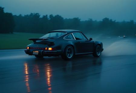 cinematic photo of a fast moving drifting classic Porsche 911 at dusk, motion blur, moving tires, downpour, thunderstorm, heavy rain, Movie Still, Film Still, Cinematic, Cinematic Shot, Cinematic Lighting