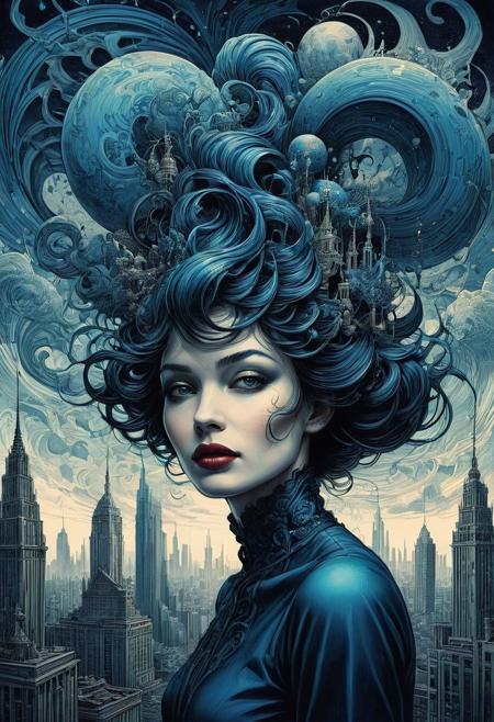 Distorted skyscrapers masterpiece, retro style, art by Sergio Lopez , Natalie Shau, James Jean and Salvador Dali, laughing, infused with elements of mysticism, fantasy,  dark blues and blacks, swirling patterns, hypnotic, art by
<lora:InkArtXL_1.2:0.4> <lora:FaeTastic:0.35> . award-winning, professional, highly detailed . extremely high-resolution details, photographic, realism pushed to extreme, fine texture, incredibly lifelike, high contrast, well defined .