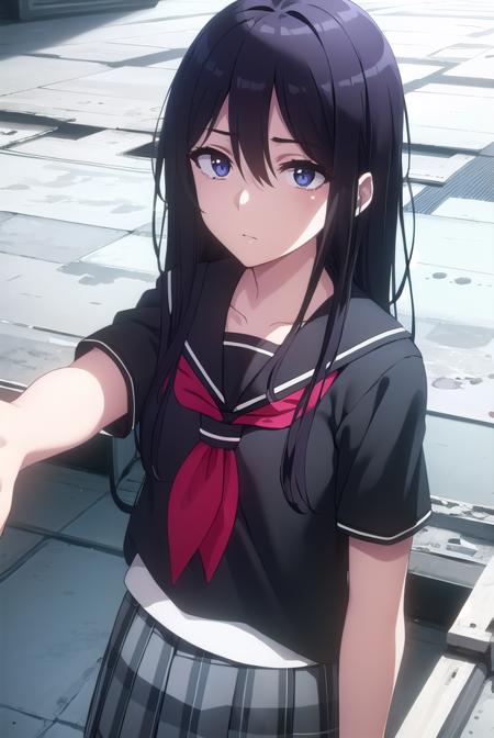 taroumaru seike, long hair, black hair, (black eyes:1.3), skirt, school uniform, short sleeves, pleated skirt, serafuku, black skirt, neckerchief,