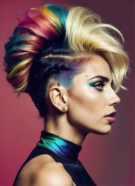 portrait of sks woman by Flora Borsi, style by Flora Borsi, bold, bright colours, rainbow Mohawk haircut, ((Flora Borsi)), <lora:lora_gaga_v1_from_v1_160:1>