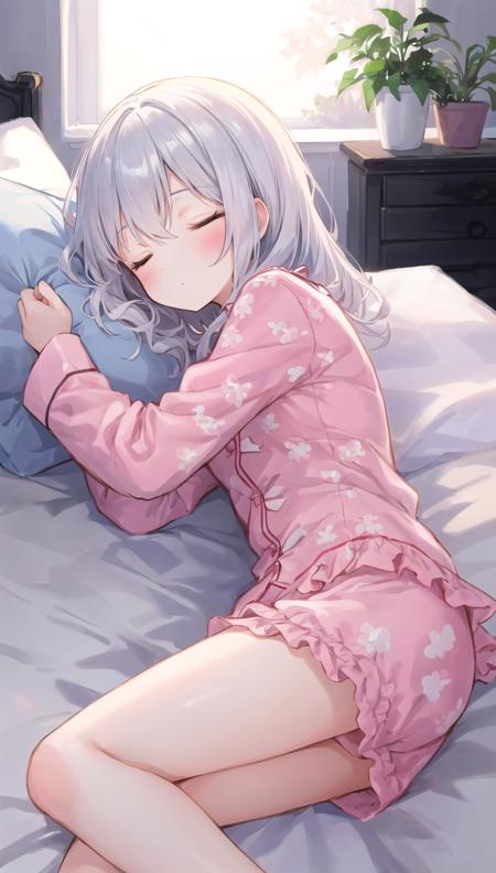 beautiful illustration, best quality, cute girl, bed, lying, sleeping, pillow, pajamas, thigh, silver hair, moody lighting, from side