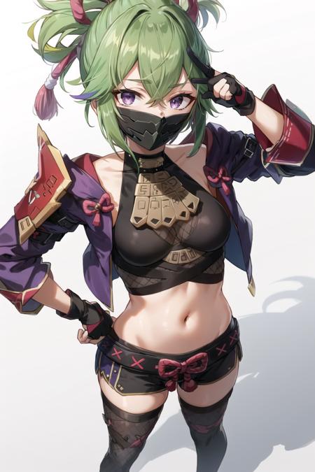 masterpiece, best quality, KShinobuV4, 1girl, solo, breasts, looking at viewer, simple background, thighhighs, gloves, white background, navel, hair between eyes, standing, jacket, full body, shorts, midriff, stomach, armor, crop top, hand on hip, short shorts, mask, black shorts, fishnets, rope, cropped jacket, mouth mask, purple jacket, fishnet top, ninja mask, <lora:KShinobuV4-09:1>