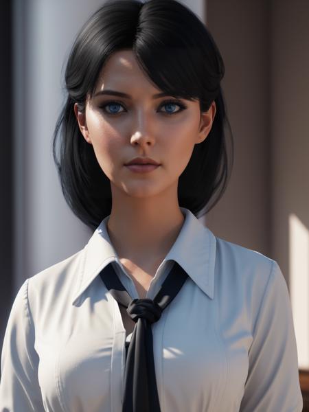 woman,black hair,blue eyes,white blouse,<lora:elizabethbioshock:0.6>, medium shot, Soft light, dreamy atmosphere, dramatic lighting, shadows, trending on artstation,4k