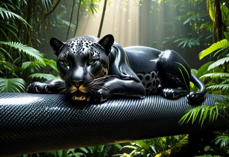 Highly detailed photographic image of a jaguar with incredibly intricate black carbon fiber "fur" resting on a large natural (photorealistic) tree branch in the rainforest. The photorealistic natural forest surroundings an ironic contrast to details of the futuristic jaguar's woven carbon fiber coat, showcasing its distinctive beauty and muscular build in the woven strands. The rainforest environment should be lush and vibrant, filled with a variety of green foliage, exotic plants, and dappled sunlight filtering through the canopy above. Incorporate dramatic lighting to enhance the atmosphere, creating a sense of depth and intrigue. Include subtle elements such as mist or gentle rain to add to the mood, while ensuring the surreal carbon fiber jaguar remains the focal point of the composition. (Highly cinematic scene with natural surroundings; highly focused detail on the subject; beams of sunlight reflecting on the animal's unique carbon fiber fur; masterpiece scene; dramatic composition, 4k resolution, finely detailed texture)