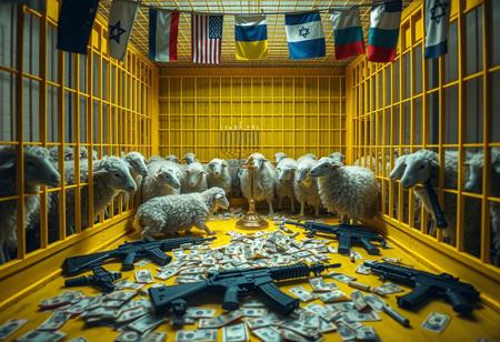 Inside a large, bright yellow cage, a mix of anthropomorphic sheep and humans interact, showcasing a blend of both species’ features in a surreal tableau. In the center of the cage, a menorah stands prominently, adding a layer of symbolism to the scene. The environment is illuminated with creepy lighting that casts unsettling shadows, enhancing the eerie atmosphere, while a pastel color palette softens the overall look. Scattered across the floor are euros and dollars, lying chaotically alongside hand grenades and M16 rifles. Above the cage, European Union, USA, Ukrainian, Israeli, and Iranian flags wave gently. The image captures a rich depth of field, emphasizing the contrast between the lively figures and the ominous presence of weapons and money