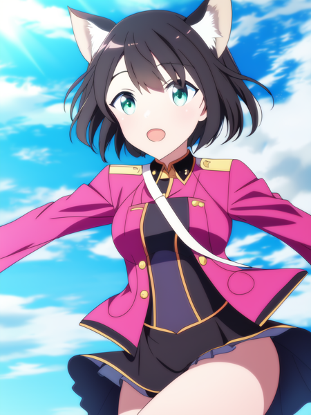 portrait, (solo, 1girl), portrait, (solo, 1girl), day time, small breasts, (Green eyes), extra short hair,(Black hair) drill hair, (Bright Pink military uniform), sky, clouds background, best quality, 1girl, dog ears, smirk, open mouth, (anime, waifu, new, newest:1.2), (anime, waifu, new, newest:1.2)
(exceptional, best aesthetic, new, newest, best quality, masterpiece, extremely detailed, anime, waifu:1.2)  <lyco:NotSHAFT_v2-epoch05-Dadapt-WD15BWeeb:1.0>