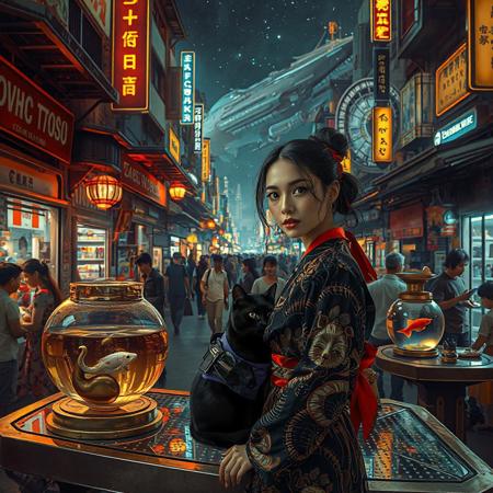 Setting is a futuristic cyberpunk street market at night, the market is comprised of street vendors selling robot parts, food, weapons, and robots.  (((((CLASSICALLY STYLIZED LIGHTING AND ARCHITECTURE FROM CHINA INDIA JAPAN FRANCE EGYPT ROME AND GREECE))))), A gold fish bowl is on the table with a cat-fish) People wearing futuristic cyberpunk clothing are walking through the street market shopping and eating, A sleek black cat with red collar sits on a cluttered metal riveted desk with transparent top and micro-LED lighted computer components visible inside, On the desk is an ebony and gold maneki neko statue and futuristic art deco lighting, (((a beautiful woman, 24 years old, is standing in the foreground FACING THE VIEWER, she has an expression of interested curiosity)))))), the sleek black cat with red collar is sitting on the desk and watching the people walking by in the busy street market, the woman is dressed in futuristic cyberpunk ECLECTIC style yukata with a low neck line alluring aesthetic. An enormous art deco inspired starship with futuristic lighting and an enormous space station are visible in the background among the stars, The woman's hair is elegantly tied up with a ribbon. Artistic cyberpunk, dynamic perspective, (((overall architectural aesthetic is Art Deco Cyberpunk))).  Epic image that elicits a feeling of wonder and awe,
