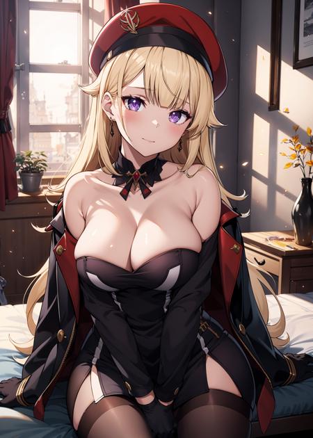 1girl, solo, long hair, bangs, purple eyes, blonde hair, very long hair, dusk, blush, 
arm support, bare shoulders, sitting, arm support, 
gloves, long sleeves, hat, dress, cleavage, jewelry, closed mouth, jacket, pantyhose, earrings, black gloves, black dress, coat, black pantyhose, beret, short dress, red headwear, brown pantyhose, coat on shoulders,
bedroom, fantasy, luxurious, luxurious surroundings, genshin impact, 
 <lora:gambler_meinamix:0.65>