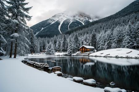 Winter scene of a cozy mountain cabin, covered in fresh snowfall, with a curling chimney smoke, a frozen lake in the foreground, a family building a snowman, mid-action, under a soft overcast sky, with natural diffused lighting, shot from a low angle, using a Canon EOS R5 with a 35mm lens, in the style of Ansel Adams.