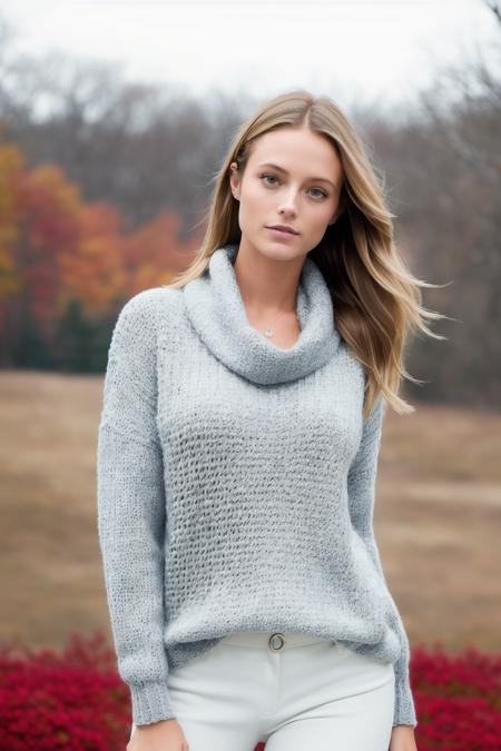 katebock, a elegant woman, on a (plowed field:1.2), wearing a (cowl-neck-sweater), (flowering-landscape), (8k, best quality, depth of field, ultra high res:1.2), (absurdres, intricate, photorealistic, masterpiece, ultra-detailed, Unreal Engine:1.3)