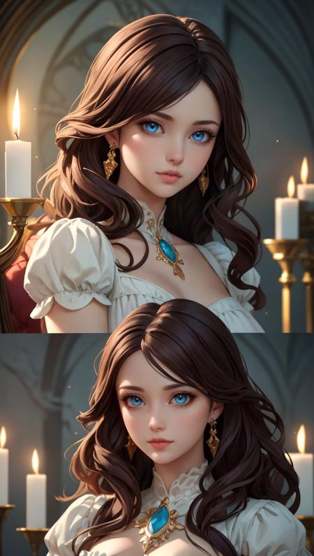 role-playing game (RPG) style fantasy Surrealism, (RAW photo, best quality), (realistic, photo-Romantic:1.1), best quality, masterpiece, beautiful and aesthetic, 16K, (muted colors, dim colors, soothing tones:0.5), warm lighting with flickering candles, soft focus on her features, Exquisite details and textures, head to toe portrait, A woman with short, curly brown hair adorned with a single white rose, (a look of shy innocence:1.2), wearing a flowing white dress with a sweetheart neckline, a European model with a petite figure, soft pink makeup, Art by Artgerm and Alphonse Mucha, Art Nouveau style., A style of drawing that uses traditional drawing tools and techniques to create visually striking and expressive pieces of art, portrait of a CGI animation character, magical background, bright natural lighing, backlighting, professional studio quality, looking at camera, large round cute detailed eyes, detailed, cute, adorable, intricately detailed, fantasy art, digital painting, highly detailed, CG render, octane, bokeh, 4k, 8k, 8mm, unreal engine 3d, expressive, dramatic, organic lines and forms, dreamlike and mysterious, Surrealism . detailed, vibrant, immersive, reminiscent of high fantasy RPG games