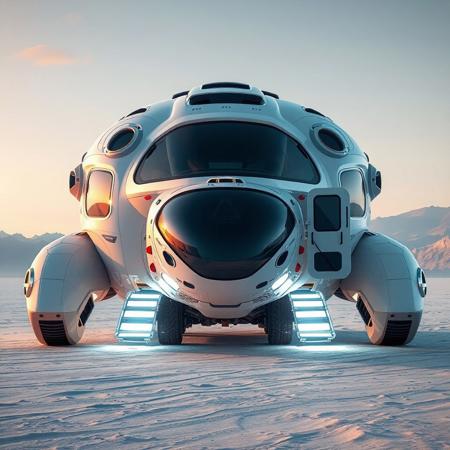 1 vehicle, 
very large hover RV shaped like a turtle
doors and garage entrance with a large cockpit at the front. 
8k,