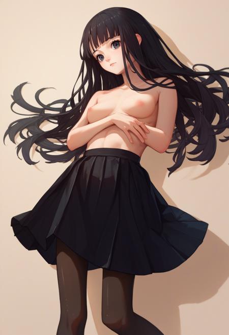 Rinne,  long hair, black hair, black eyes, black serafuku, green necktie, black pantyhose, black skirt